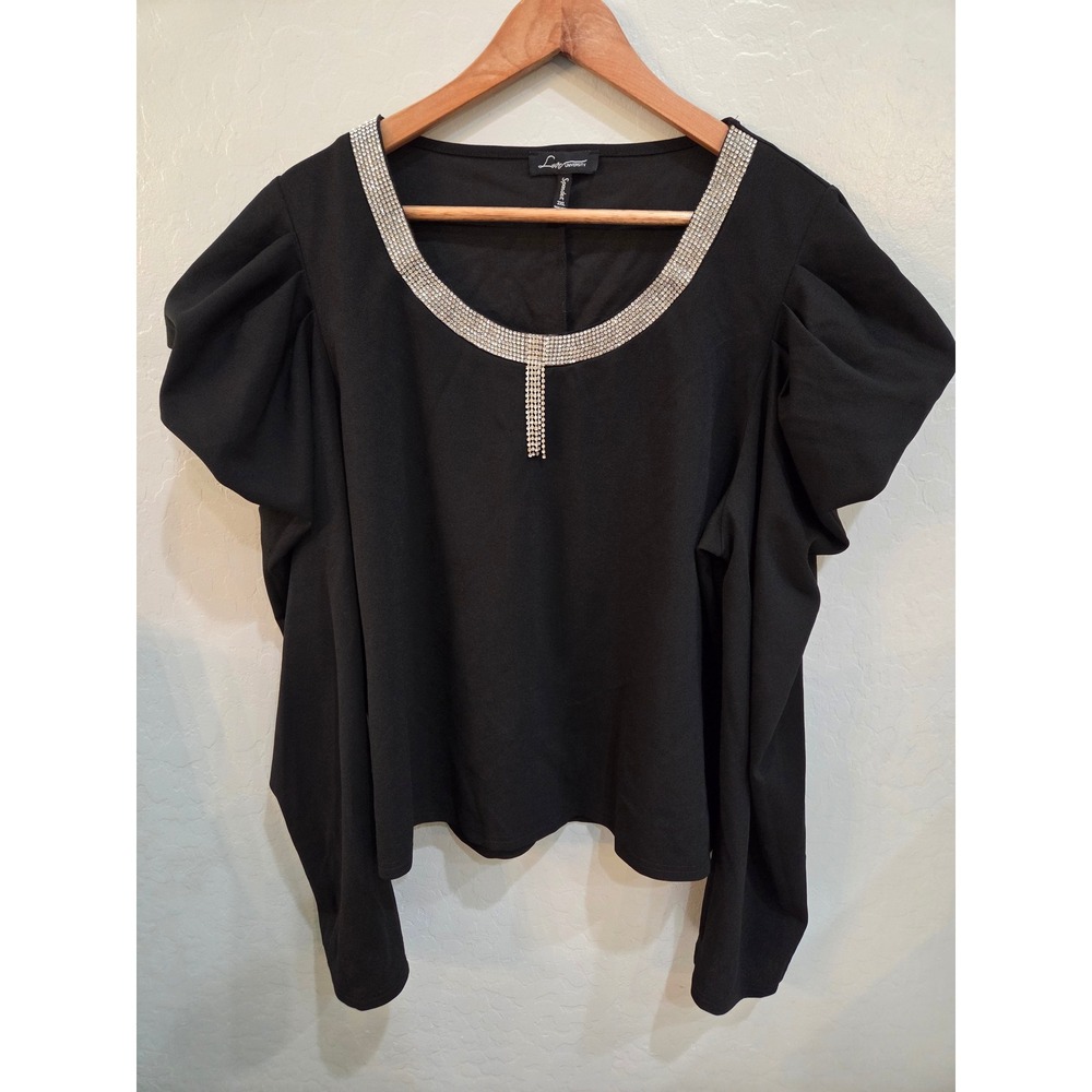 Love University Black Rhinestone Neck Puff Shoulder Top 3XL Blouse Woman